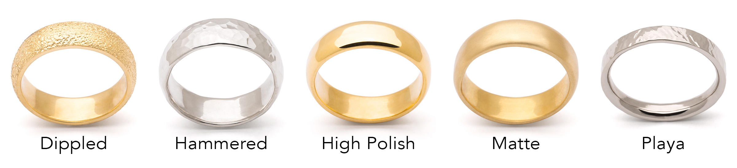Reflective Jewelry offers five distinct finished for gold rings: high polish, matte, hand-hammered, Playa (rough), and dippled (sand)